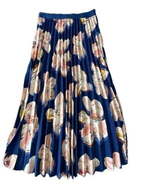 A New Day Blue & Pink Floral Pleated Skirt | Elastic Waist | Size L